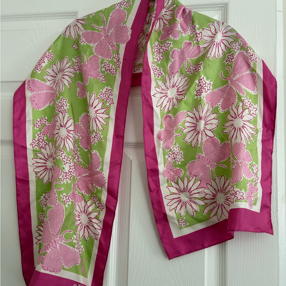 Lilly Pulitzer Pink and Green Floral Butterfly Scarf, 100% Silk